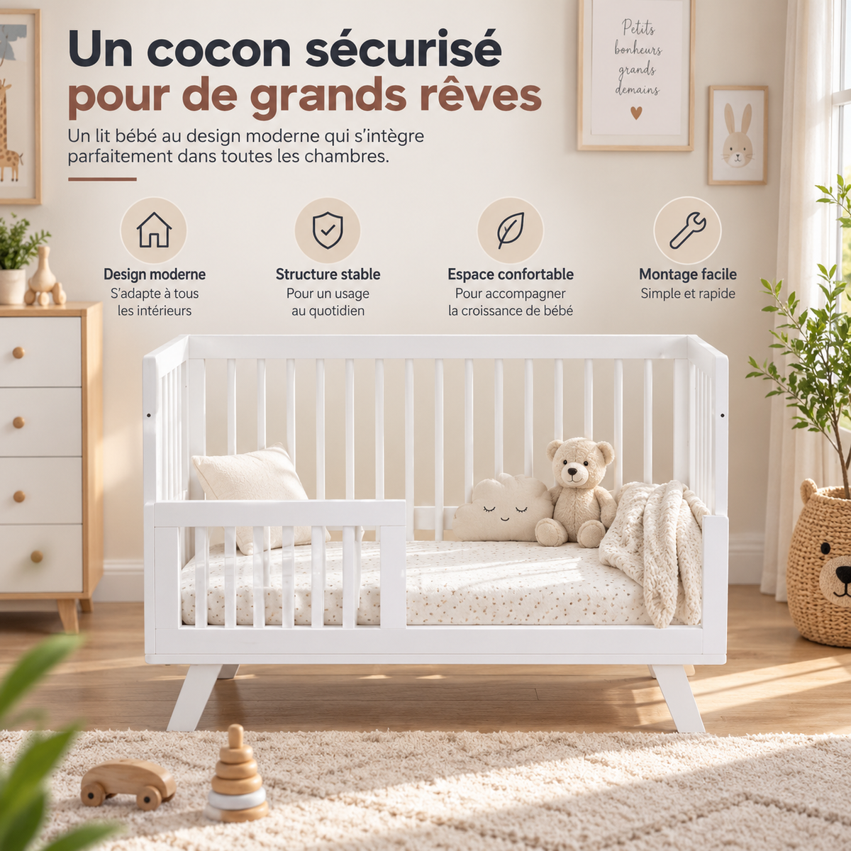 Lit Bébé en bois réglable en hauteur multifonctionnel