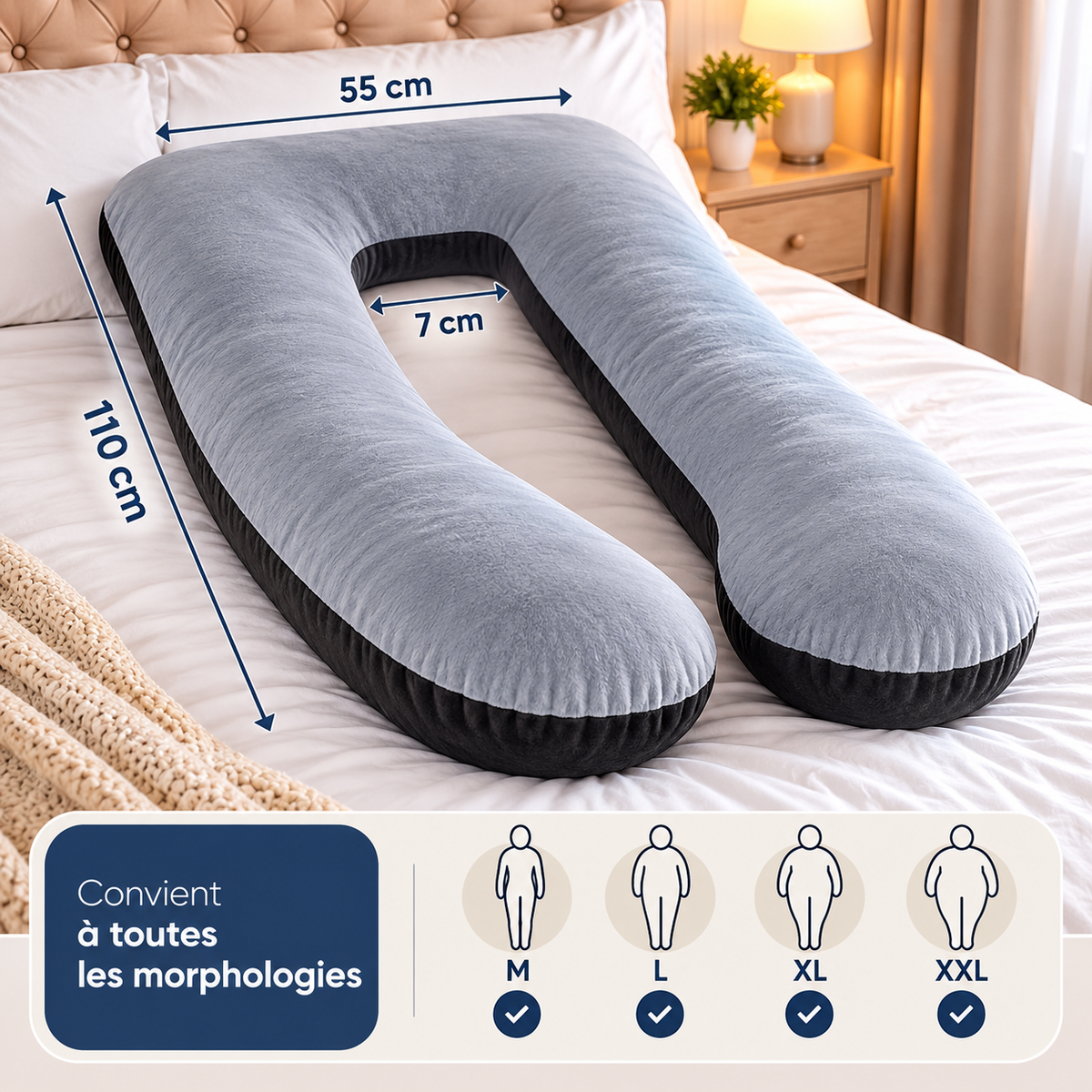Coussin de grossesse en U multifonctionnel 110 × 55 cm avec housse amovible et lavable.