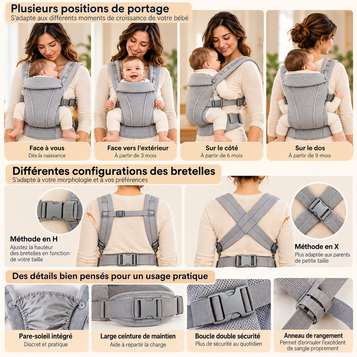 Porte Bébé ergonomique 360° respirant 0–36 mois de 20 kg