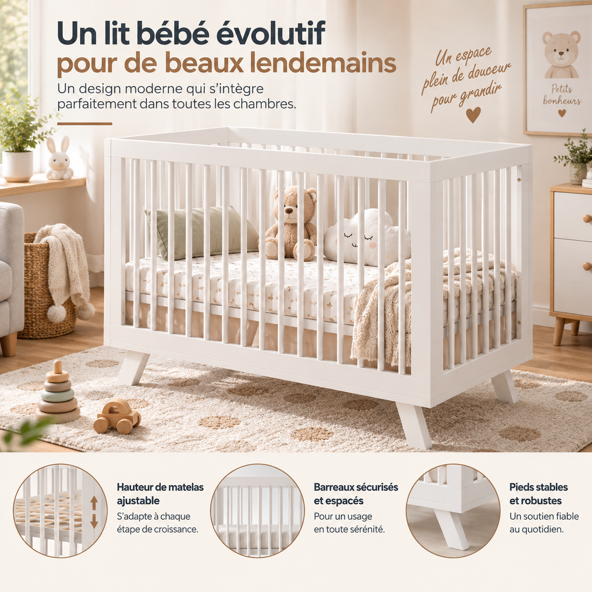 Lit Bébé en bois réglable en hauteur multifonctionnel