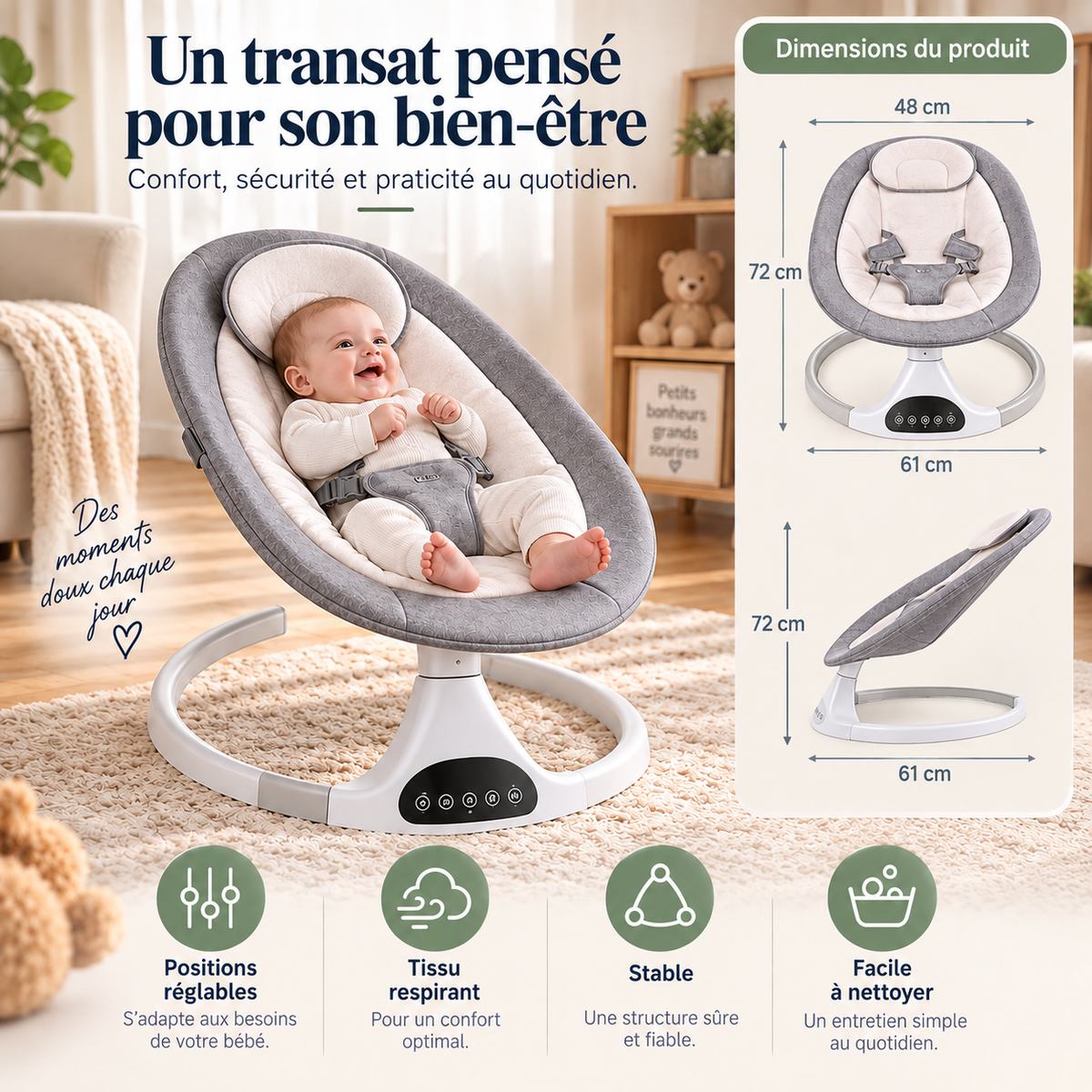 Balancelle Bébé Électrique Télécommande Moustiquaire 0–18 Mois