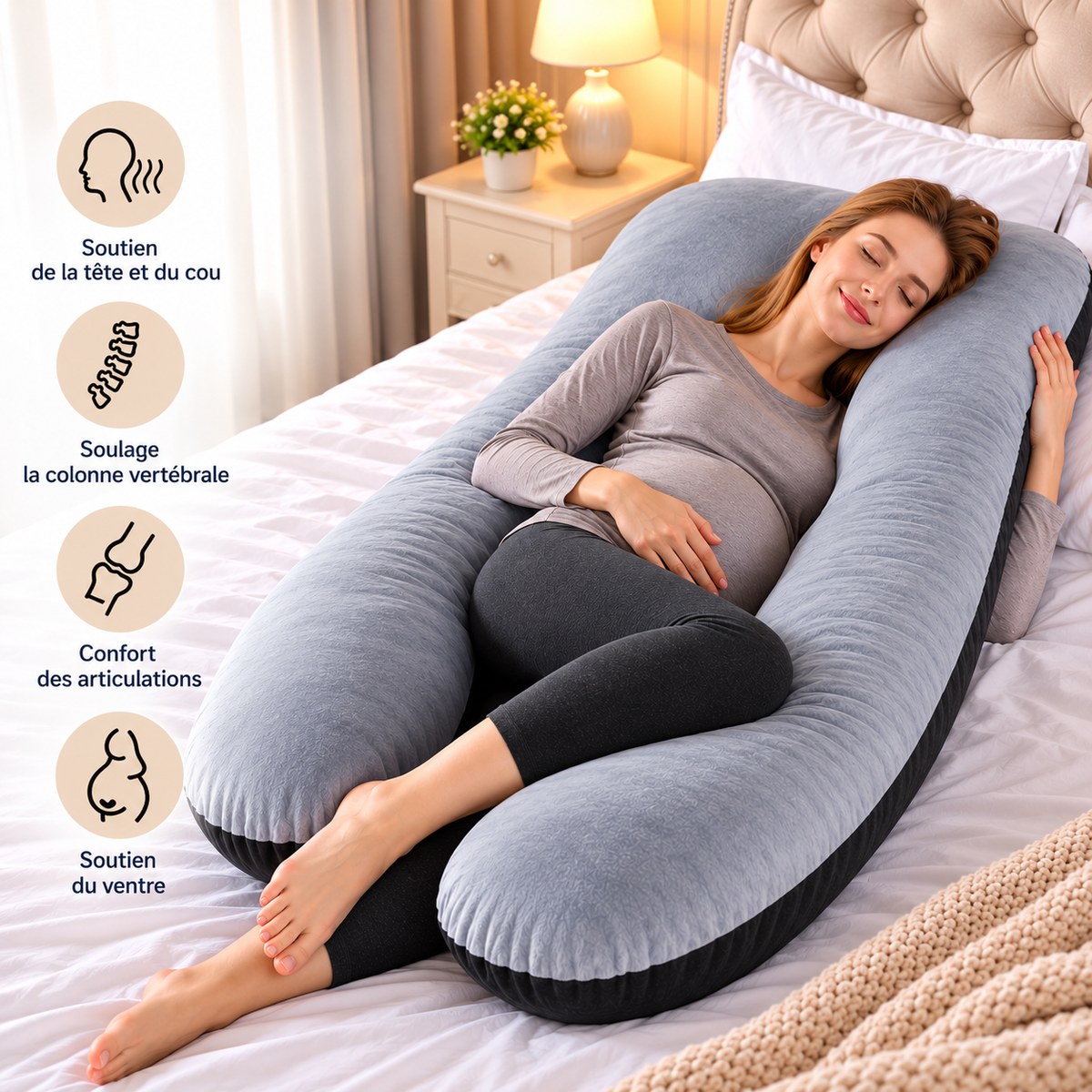 Coussin de grossesse en U multifonctionnel 110 × 55 cm avec housse amovible et lavable.