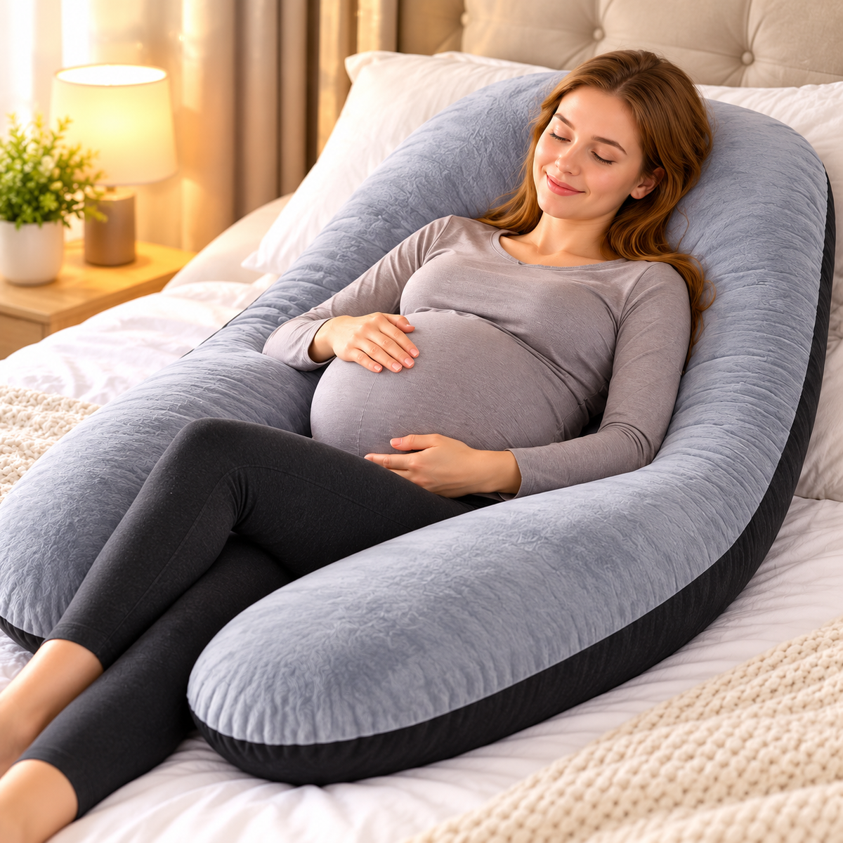 Coussin de grossesse en U multifonctionnel 110 × 55 cm avec housse amovible et lavable.