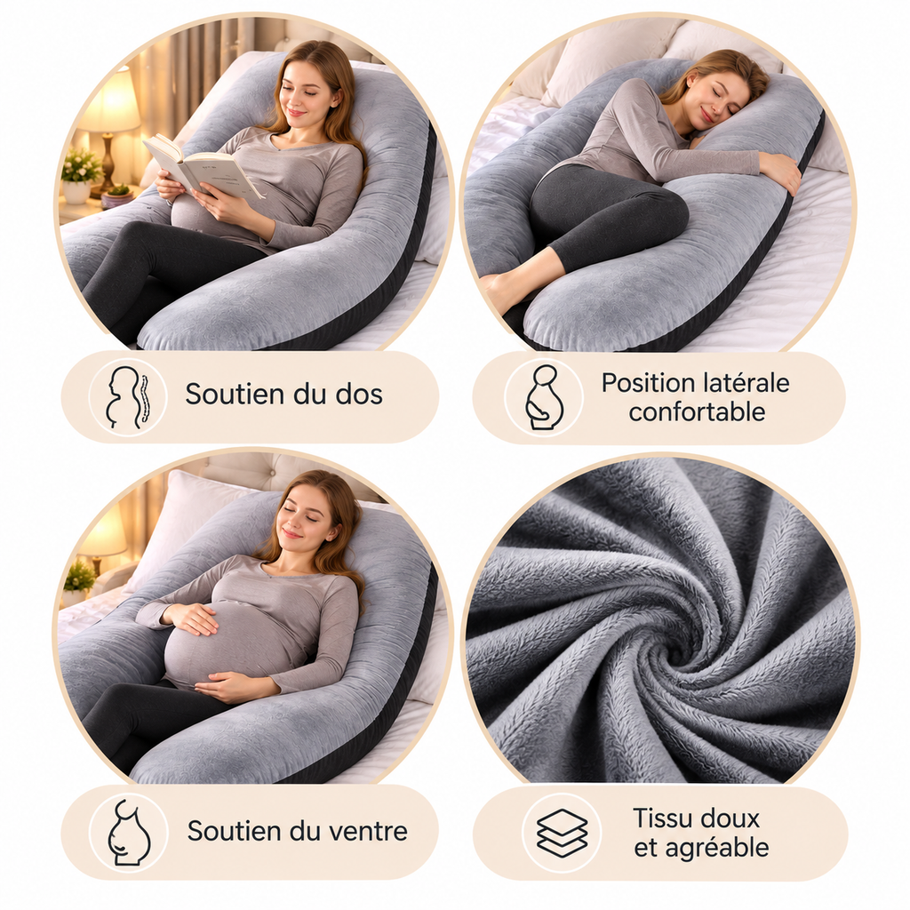 Coussin de grossesse en U multifonctionnel 110 × 55 cm avec housse amovible et lavable.