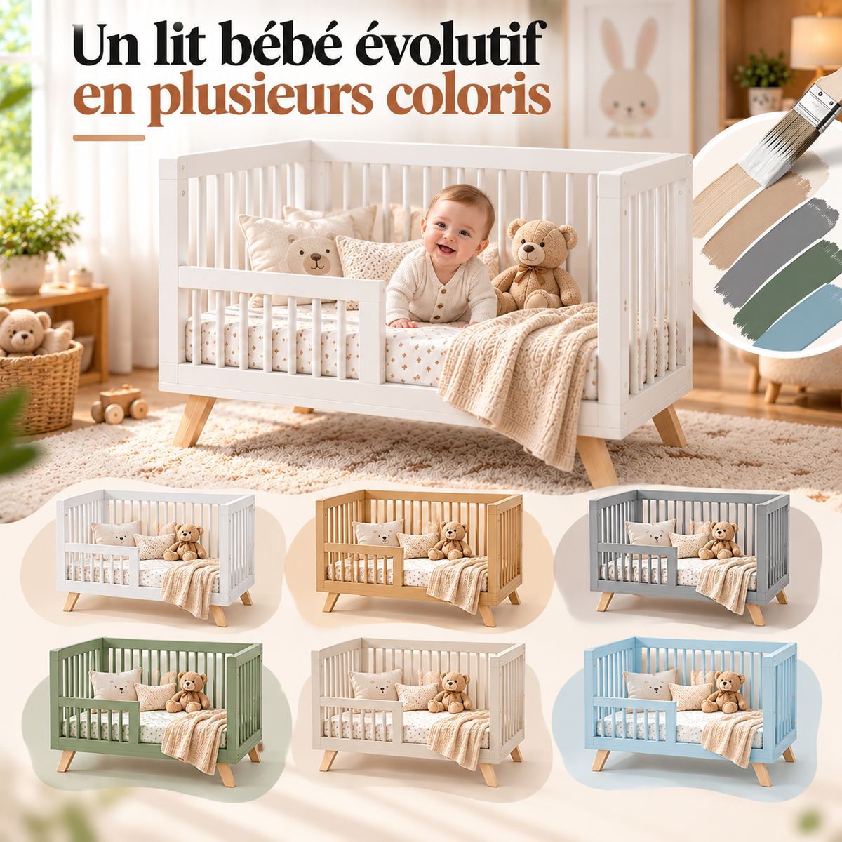Lit Bébé en bois réglable en hauteur multifonctionnel