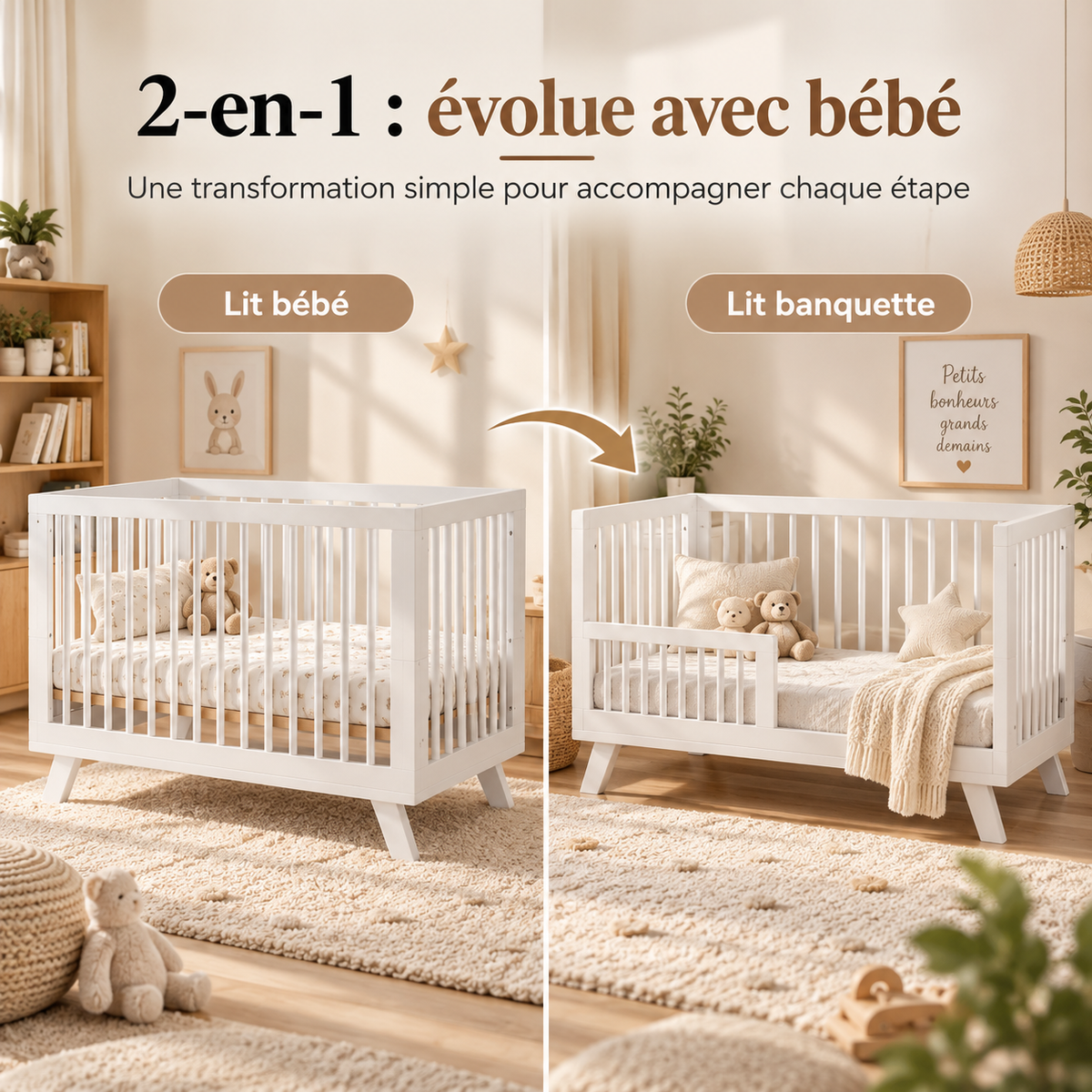 Lit Bébé en bois réglable en hauteur multifonctionnel