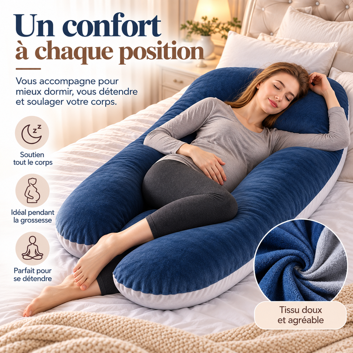 Coussin de grossesse en U multifonctionnel 110 × 55 cm avec housse amovible et lavable.