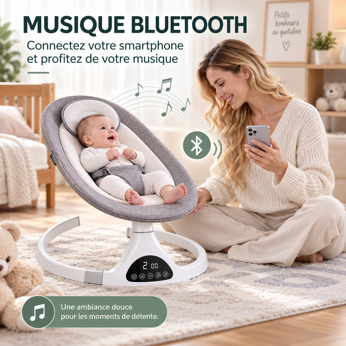 Balancelle Bébé Électrique Télécommande Moustiquaire 0–18 Mois