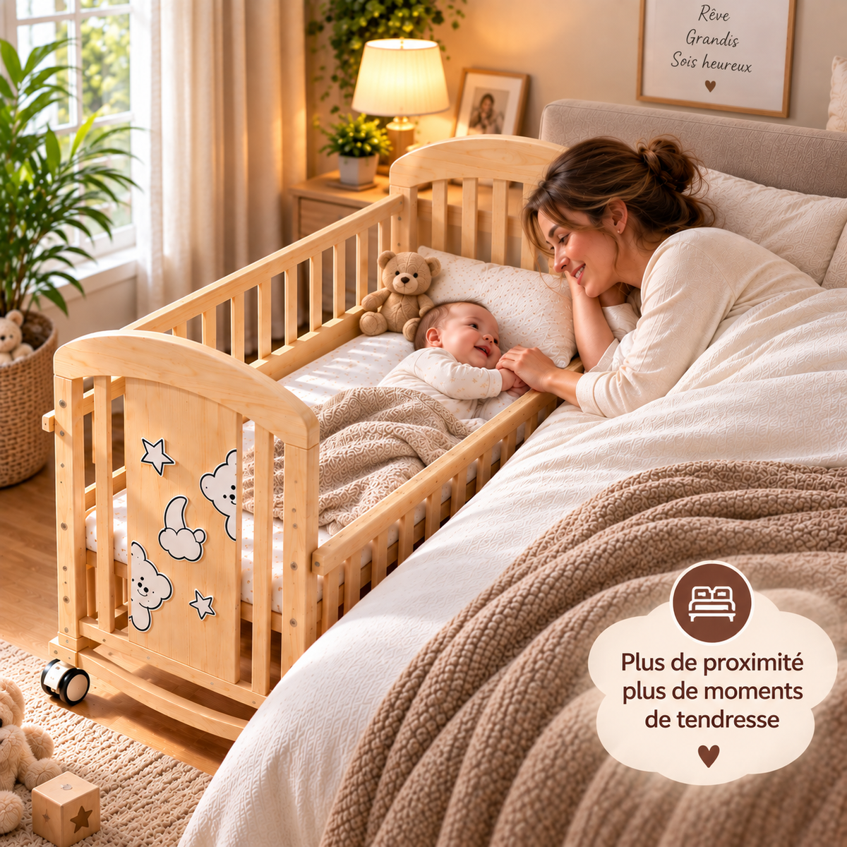 Lit Bébe en bois massif, multifonctionnel avec roulettes