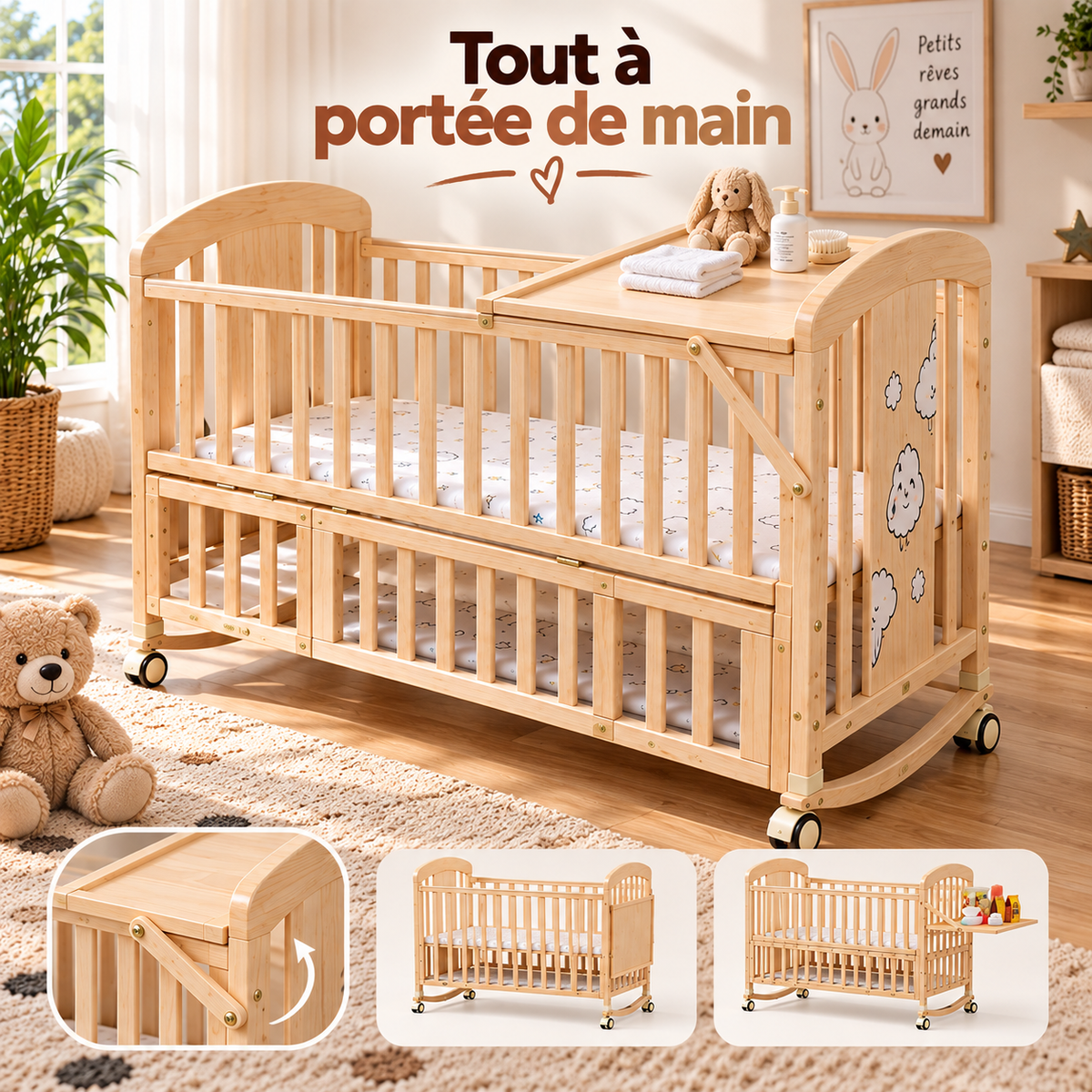 Lit Bébe en bois massif, multifonctionnel avec roulettes