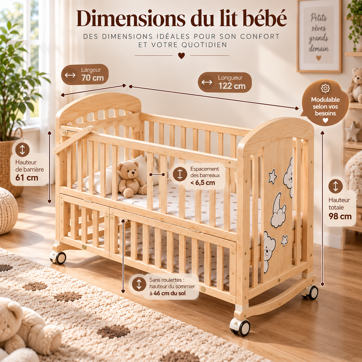 Lit Bébe en bois massif, multifonctionnel avec roulettes