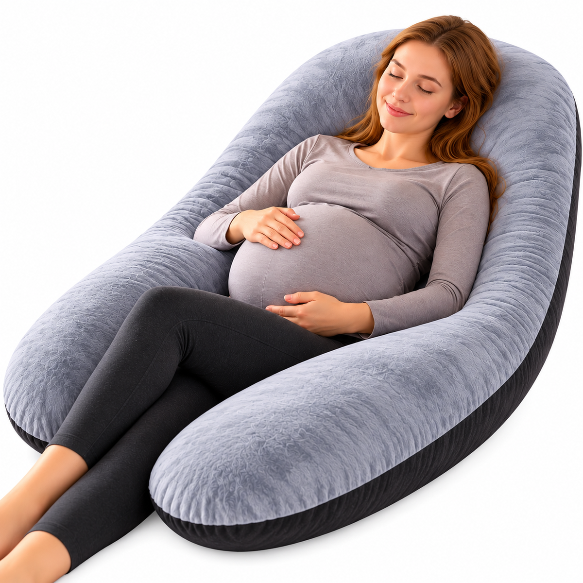 Coussin de grossesse en U multifonctionnel 110 × 55 cm avec housse amovible et lavable.