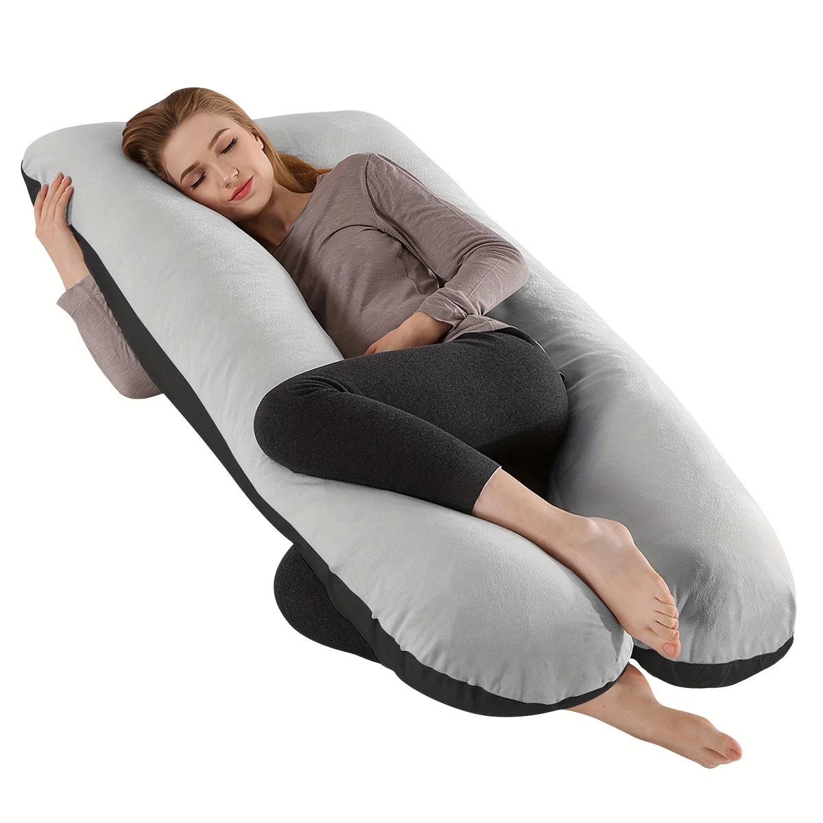 Coussin de grossesse en U multifonctionnel 110 × 55 cm avec housse amovible et lavable.